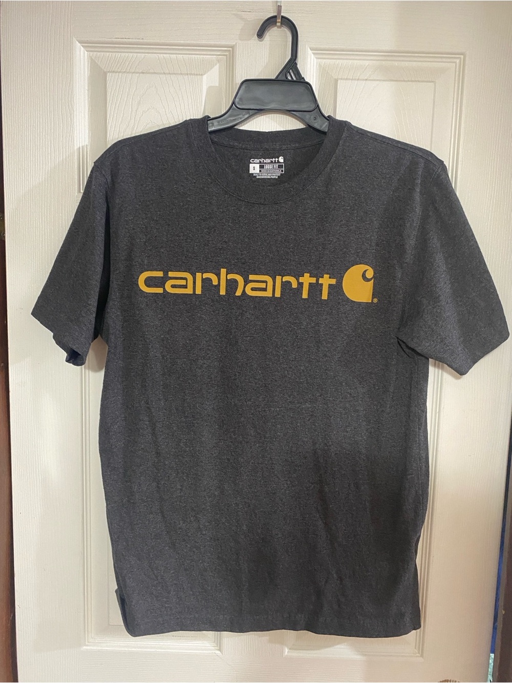 Carhartt Men's Dark Gray Short-Sleeve Tee with Yellow Logo